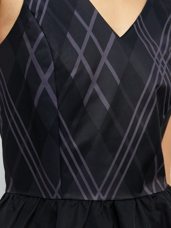 Pomelo Pomelo Mixed Plaid Printed V-Neck Mini Dress - Black