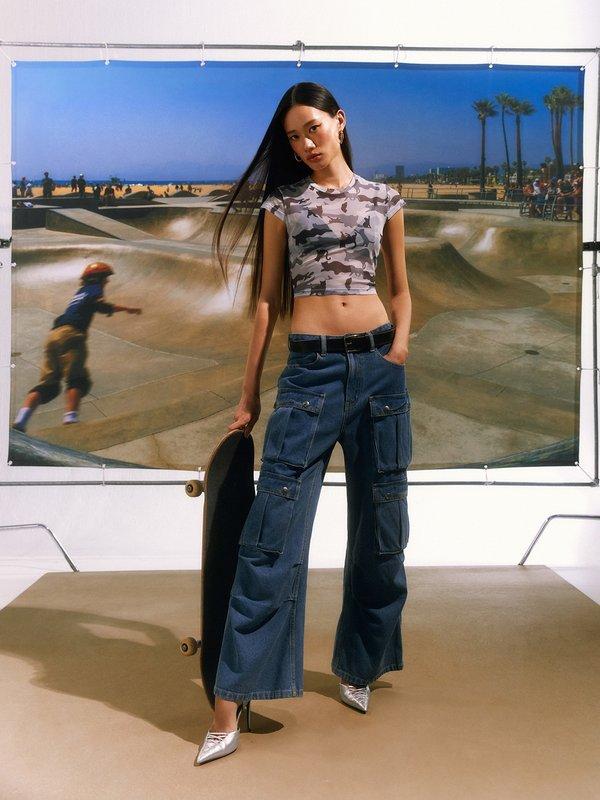 Pomelo Pomelo Novelty Camouflage Printed Cropped See-Through Tee - Multi Color