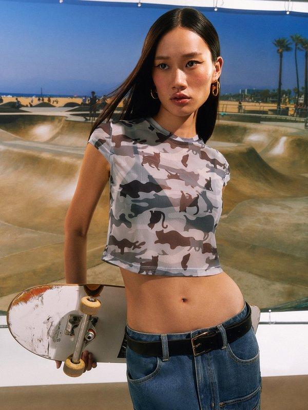 pomelo Pomelo Novelty Camouflage Printed Cropped See-Through Tee - Multi Color