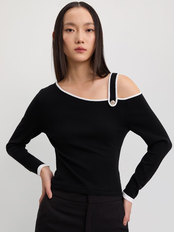 Pomelo Pomelo One-Shoulder Contrast-Trim Knit Top With Strap - Black