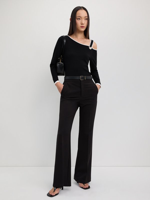 pomelo Pomelo One-Shoulder Contrast-Trim Knit Top with Strap - Black