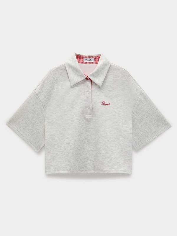 pomelo Pomelo Oversized Cropped Polo Top - Light Grey