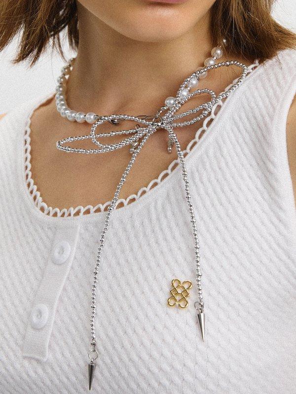 Pomelo Pomelo Pearl And Bead Necklace With Bow Detail - Silver/Pearl