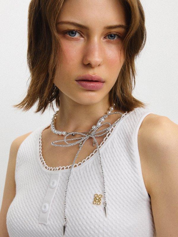 pomelo Pomelo Pearl and Bead Necklace With Bow Detail - Silver/Pearl