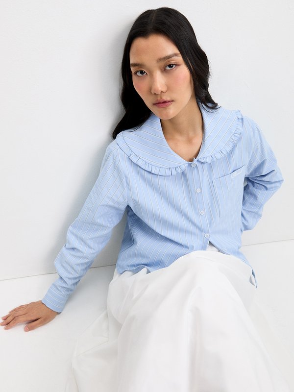 Pomelo Pomelo Peter Pan Collar Striped Shirt - Baby Blue
