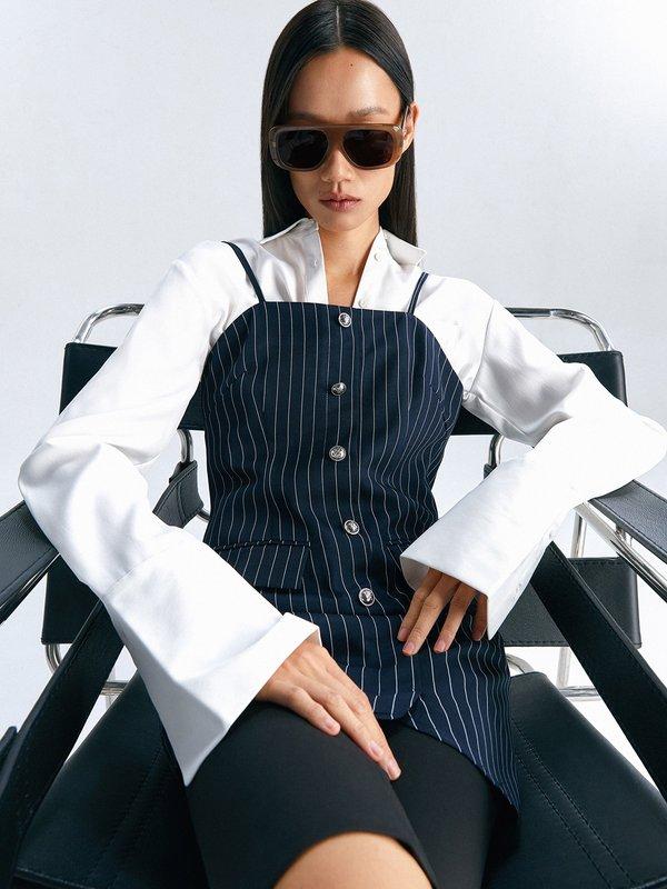 Pomelo Pomelo Pin Stripe A Line Mini Dress - Navy/White