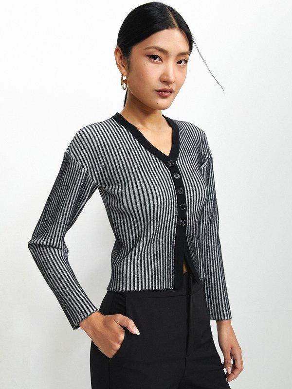 pomelo Pomelo Pin Stripe Woven Knitted Cardigan - Black/White