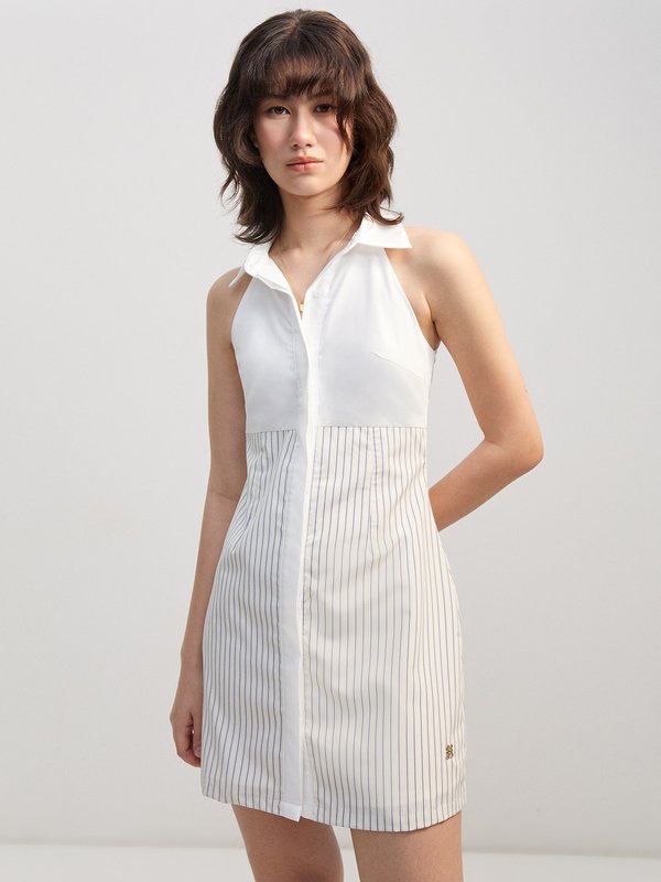 pomelo Pomelo Pinstripe Sleeveless Button Mini Dress - White