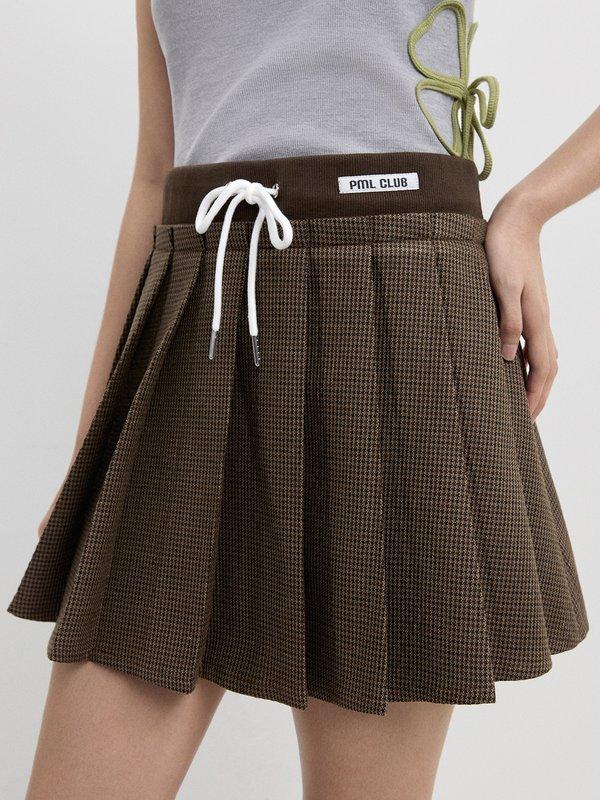 pomelo Pomelo Pleated Drawstring Layered Skirt - Brown
