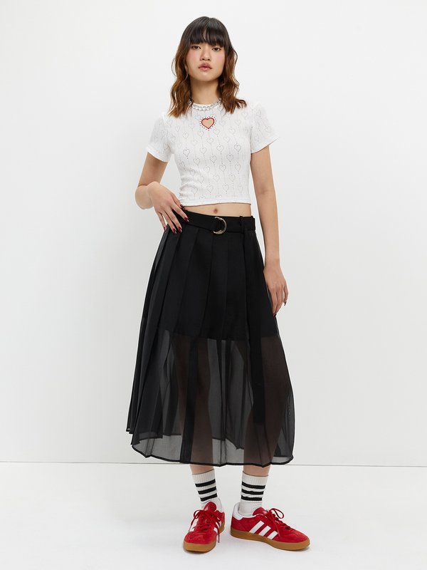 Pomelo Pomelo Pleated Layered Skirt With Belt - Black