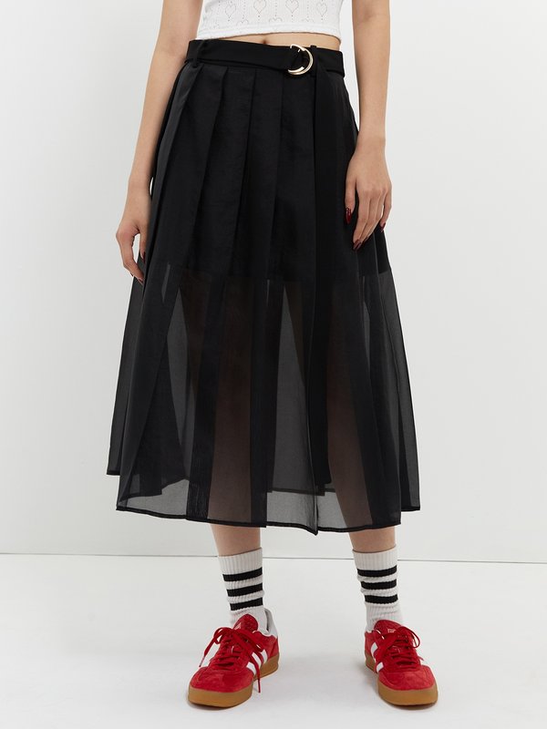 pomelo Pomelo Pleated Layered Skirt with Belt - Black