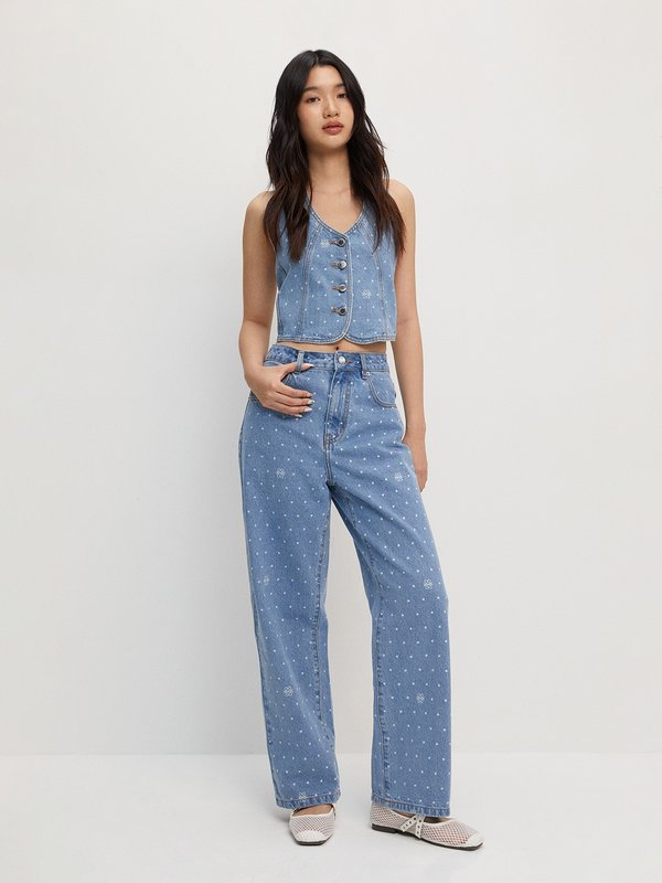 Pomelo Pomelo Polka Dot Denim Halter Top - Light Blue