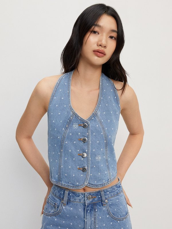 pomelo Pomelo Polka Dot Denim Halter Top - Light Blue
