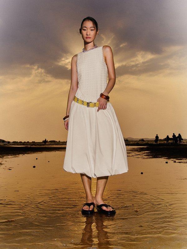 pomelo Pomelo Asymmetric Bubble Skirt Dress - Nude