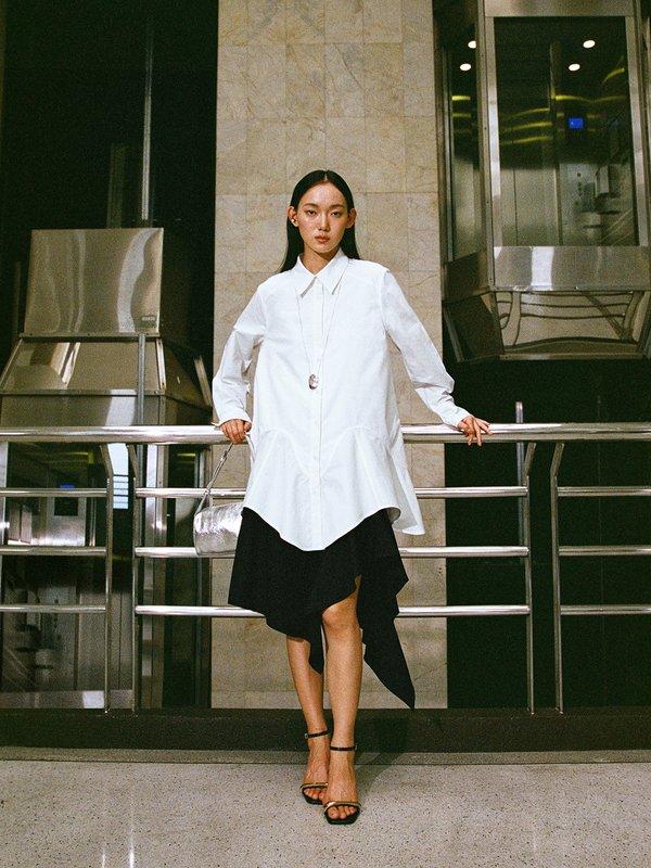 Pomelo Pomelo Asymmetric-Hem Button-Up Dress- White