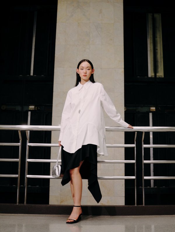 pomelo Pomelo Asymmetric-Hem Button-Up Dress- White
