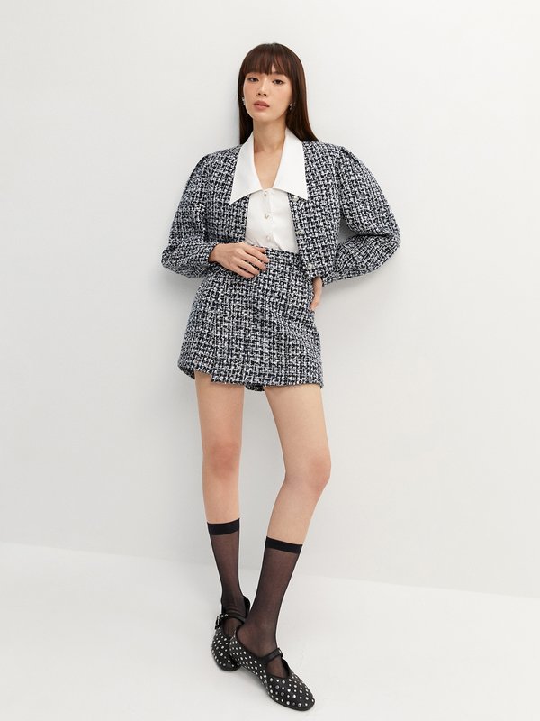 Pomelo Pomelo Asymmetric Tweed Skort - Navy