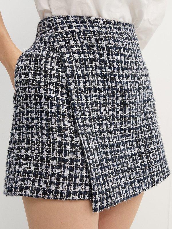 pomelo Pomelo Asymmetric Tweed Skort - Navy