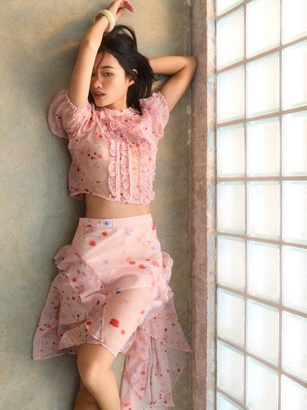 pomelo Pomelo Asymmetrical Floral Skirt - Pink