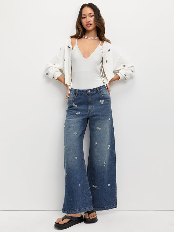 Pomelo Pomelo Bead Embroidery Wide Leg Jeans - Blue