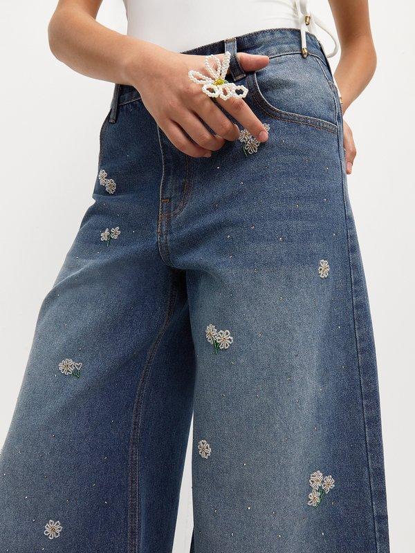 Pomelo Pomelo Bead Embroidery Wide Leg Jeans - Blue