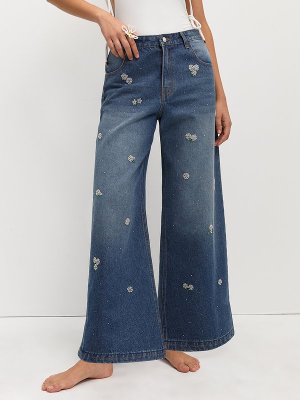 pomelo Pomelo Bead Embroidery Wide Leg Jeans - Blue