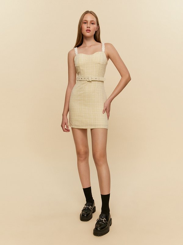 Pomelo Pomelo Belt Detail Mini Dress - Yellow