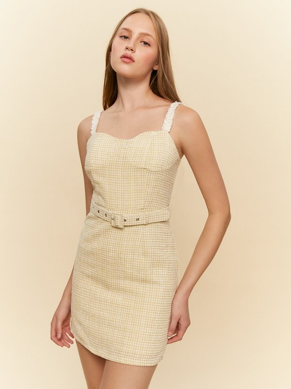 pomelo Pomelo Belt Detail Mini Dress - Yellow