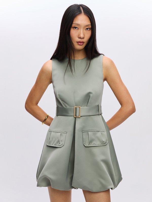 Pomelo Pomelo Belted Bubble Skirt Dress - Olive