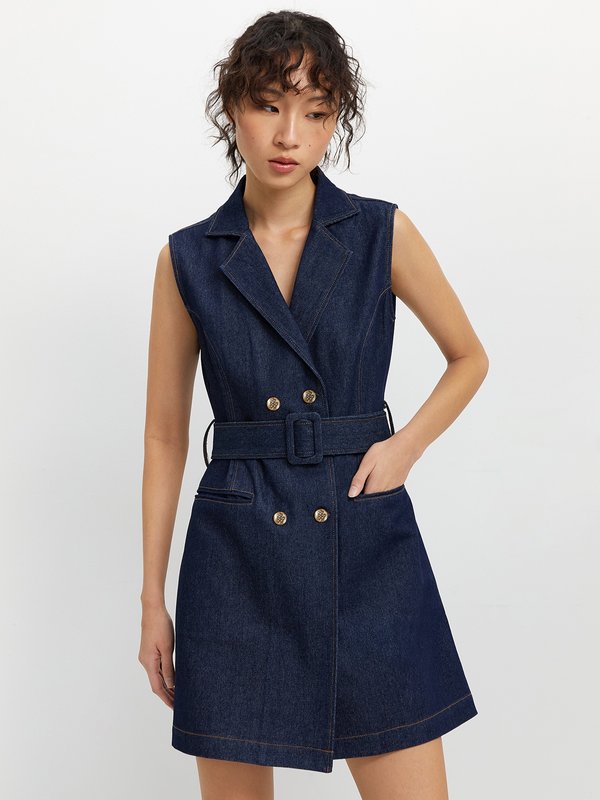 pomelo Pomelo Belted Denim Dress - Blue