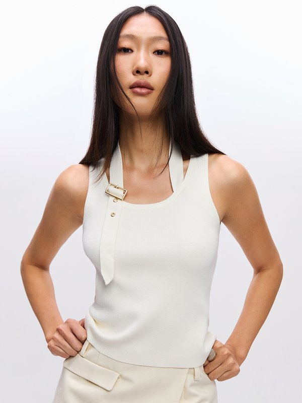 pomelo Pomelo Belted Knit Top - Cream