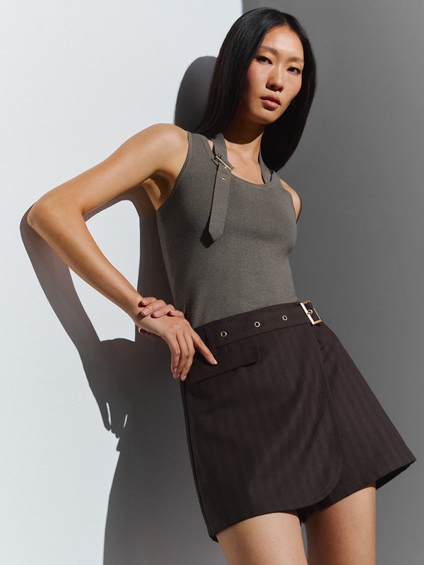 pomelo Pomelo Belted Knit Top - Dark Green