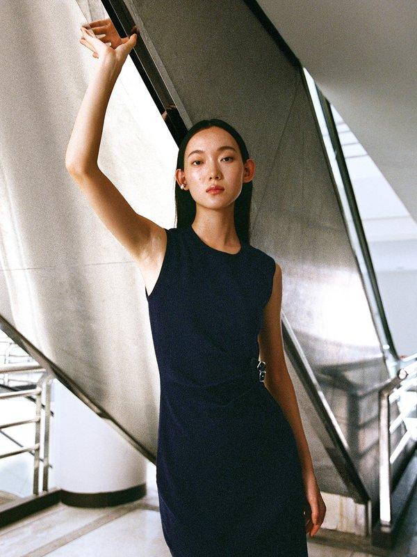 Pomelo Pomelo Belted Midi Dress - Navy