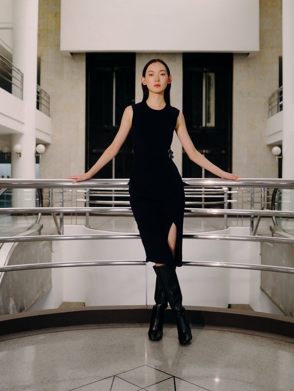 pomelo Pomelo Belted Midi Dress - Navy