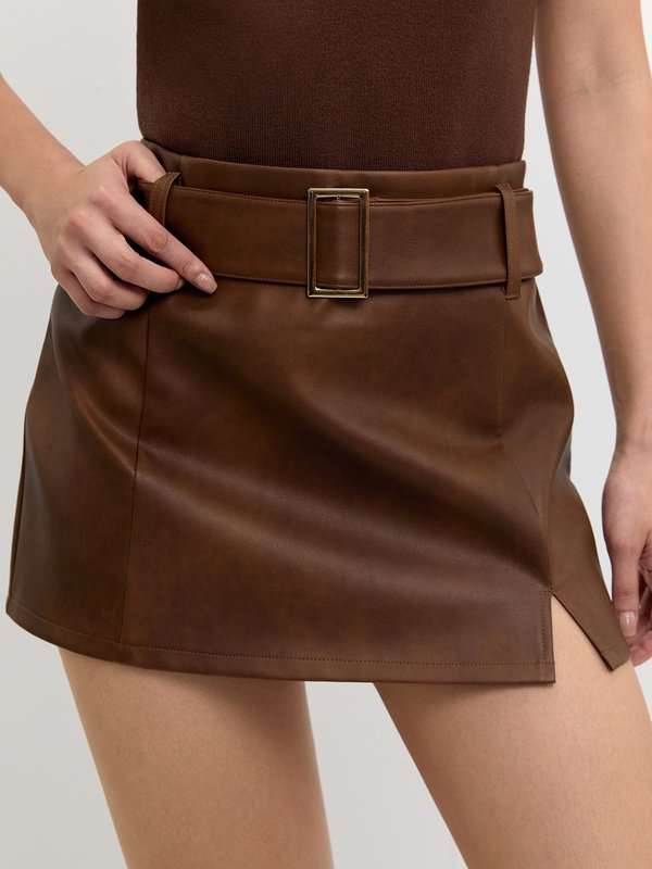 pomelo Pomelo Belted Mini Skirt - Brown