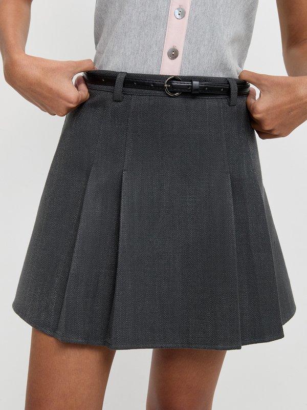Pomelo Pomelo Belted Pleated Skirt - Dark Grey