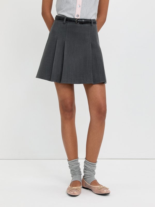Pomelo Pomelo Belted Pleated Skirt - Dark Grey
