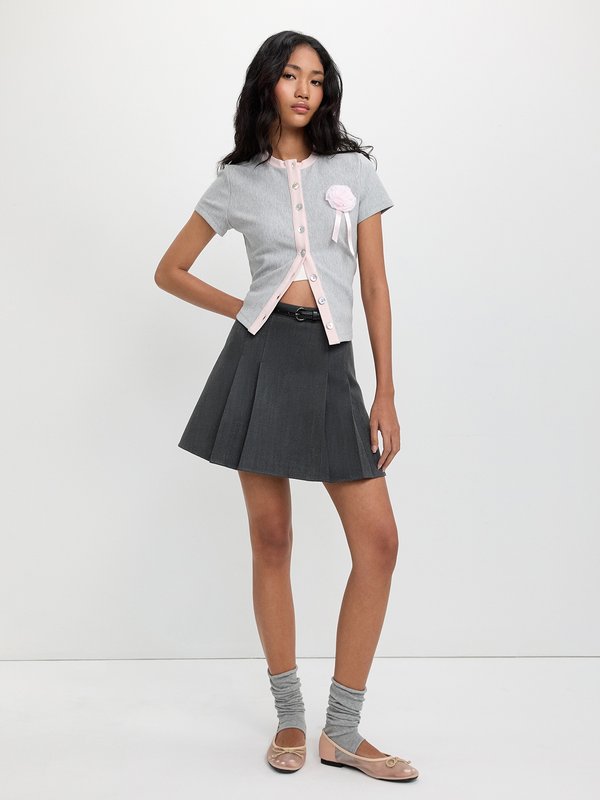 pomelo Pomelo Belted Pleated Skirt - Dark Grey