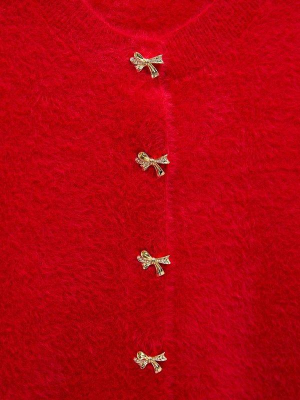 Pomelo Pomelo Bow Button Fluffy Cardigan - Red