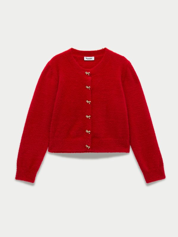 pomelo Pomelo Bow Button Fluffy Cardigan - Red