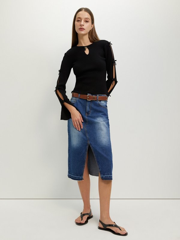 Pomelo Pomelo Bow Cut Out Knit Top - Black