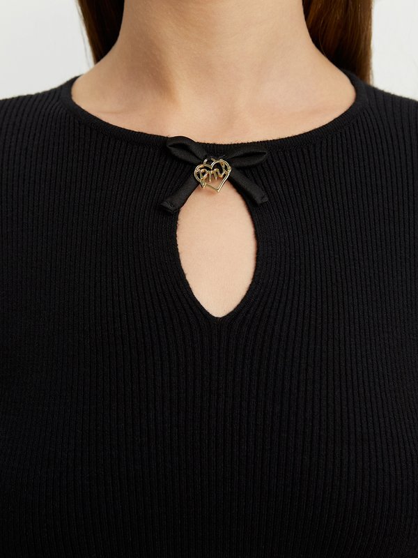 Pomelo Pomelo Bow Cut Out Knit Top - Black