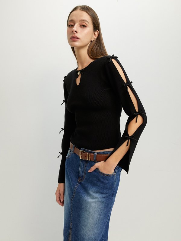 pomelo Pomelo Bow Cut Out Knit Top - Black