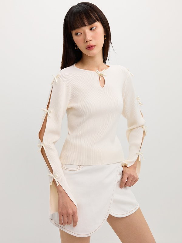 pomelo Pomelo Bow Cut Out Knit Top - Off-White