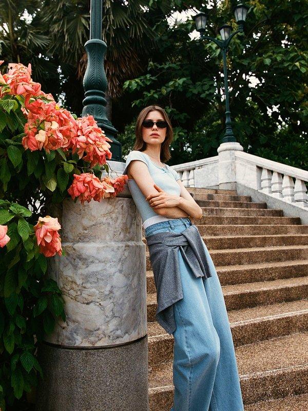 Pomelo Pomelo Bow Detail Lace Hem Blouse - Baby Blue