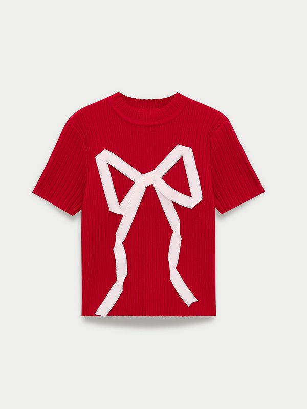 Pomelo Pomelo Bow Knotted Ribbed Top - Red