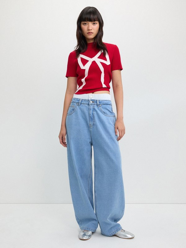 Pomelo Pomelo Bow Knotted Ribbed Top - Red