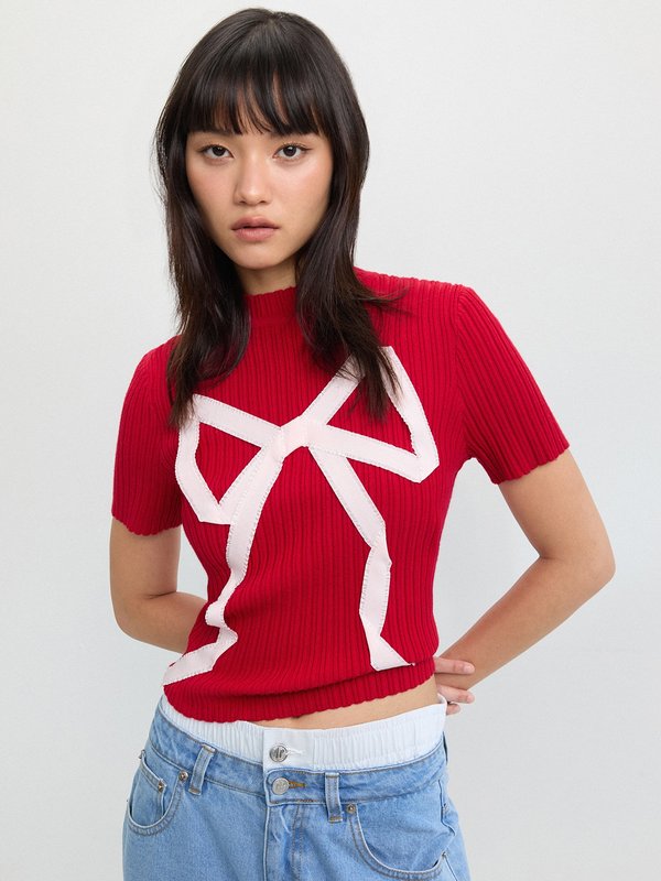 Pomelo Pomelo Bow Knotted Ribbed Top - Red