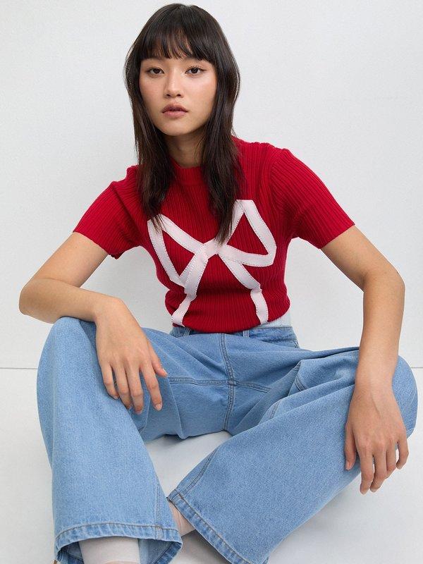 pomelo Pomelo Bow Knotted Ribbed Top - Red