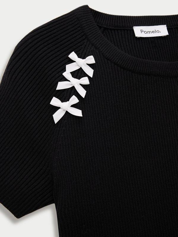 Pomelo Pomelo Bow Motif Ribbed Top - Black